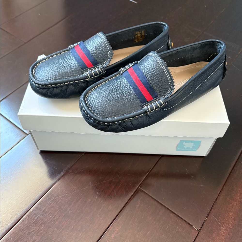 Elephantito Kids Navy Leather Slip-On Loafers with Red & Blue Stripe like new